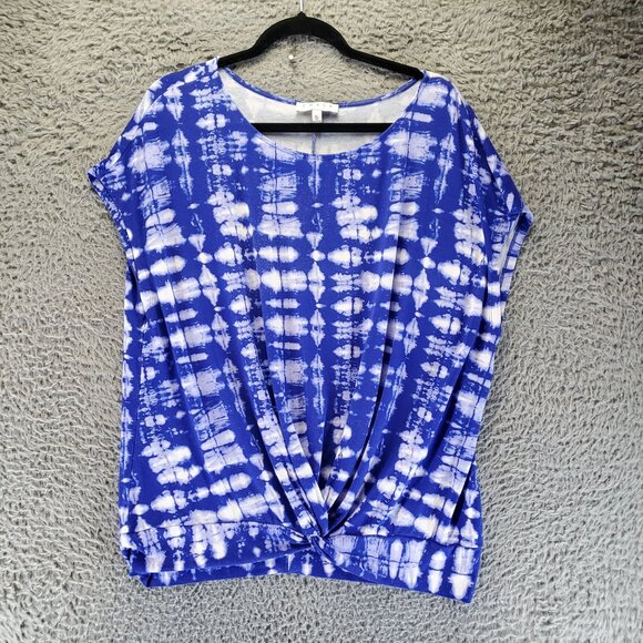 Chaus Top Womens XL Blue Tie-Dye Rayon Spandex Twist Front Short Sleeve - Picture 1 of 7
